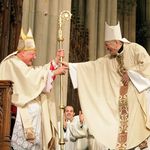 Dolan accepts the Crozier staff from Archbishop Pietro Sambi, the Vatican's ambassador to the United States